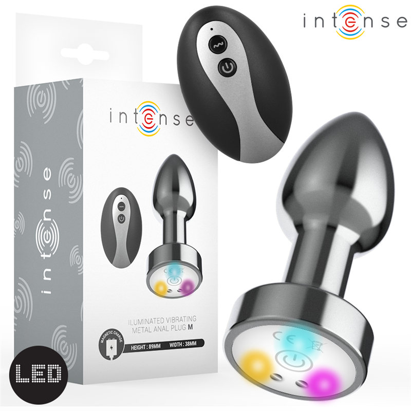 INTENSE - PLUG ANAL TALLA M DE METAL VIBRADOR CON LUCES LED MULTICOLOR Y CONTROL REMOTO