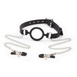 OHMAMA FETISH - MORDAZA DE ANILLA CON CADENAS Y PINZAS PEZONES